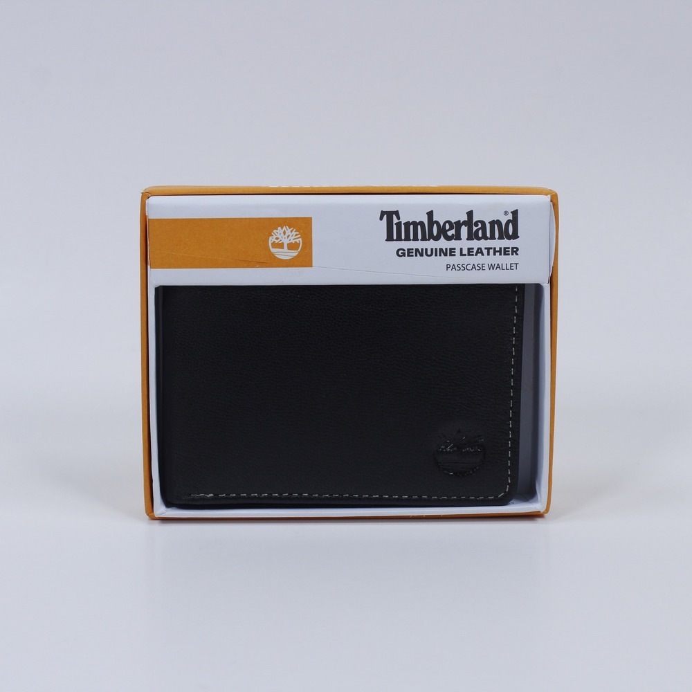 Timberland Men's Black Genuine Leather Bifold Passcase Wallet Dual ID Window NIB